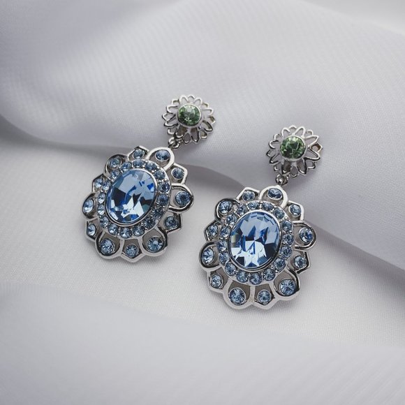Givenchy Jewelry - Givenchy Pastel Blue Rhinestone Jewel Flower Oval Silver Dangle Clip Earrings